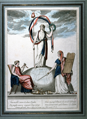 Century of Light: Reason, Equality and Liberty holding the table of Human Rights and the French Constitution, late 18th century (engraving)