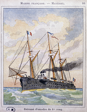 1st Wing Battleship - French Marine Series, drawing by P. Jazet, chromo., 1885