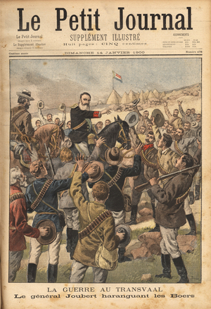 General Pierre Joubert who took the lead in the rebellion movement against the annexation of the Transvaal, haranguing the Boers, 1900 (print)