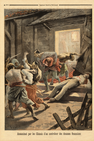 Killing by Chinese of a French customs controller in Moncay, on the Chinese border in the province of Tonkin (present-day Vietnam). Engraving in “” Le petit journal”” 17/09/1894. Selva's collection.