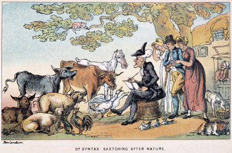 The Doctor draws farm animals from nature - in “” Doctor Syntax's three tours: in search of the picturesque consolation and a wife”” by William Combe, ill. Rowlandson, 1869