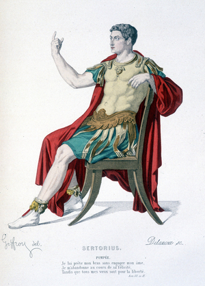 The character of Pompee in the theatre piece Sertorius - Full Theatre: (Collection of plays of Corneille) drawing by Geffroy, engraving by Delanoux - ed. Laplace, Sanchez et Cie, Paris 1884