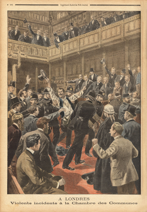 The English police force took the last of the eleven Irish deputes out of the House of Commons, whose clothes were shattered, testimoning to the previous grip, refusing to pass the Education Act, and organized a real heckle, preventing any parliamentary discussion. Engraving in “” Le petit journal”” 24/3/1901. Selva Collection.