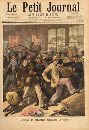 Rebellion of Alsatian-Lorraine conscripts, refusing to be incorporated into the German army. Engraving in “” Le petit journal”” 1/11/1896. Selva's collection.