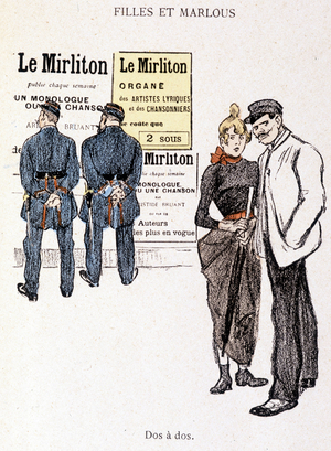 Girl and Marlou: a pimp and a prostitute behind two police officers. In “” In Life”” by Steinlen, 1901.