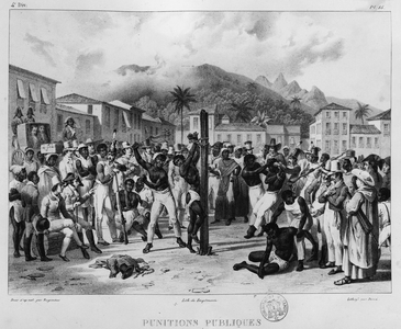 Public punishment of slaves - in “” Picturesque and historical journey to Brazil from 1816 to 1821”” by Maurice Rugendas, 1835 - engraving, Bibl. Mazarine.