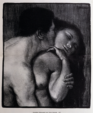 Man kissing a woman. Lithograph by Pere Torne-Esquius (Torne Esquius, 1879-1936), 1907 - in “” Geschichte des Erotischen Kunst””” by Edouard Fuchs, Berlin, 1908.