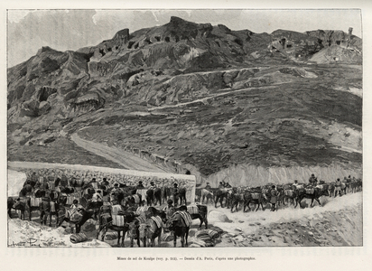 Salt mines of Koulpe (Armenia). Engraving by A.Paris to illustrate the story “A travers l'Armenie russe, Karabagh, vallee de l'Araxe, massif de l'Ararat”” by Madame B.Chantre, in Le tour du Monde 1892, directed by Edouard Charton (1807-1891), Hachette, Paris.