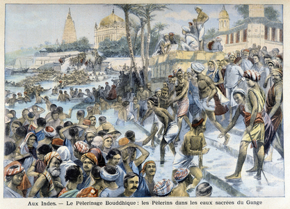 Buddhists performing the ritual of immersion in the sacred waters of the Ganges in India. Illustration of the “Petity Journal” of 1905.
