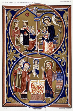 Adoration of the Magi and presentation at the Temple, 13th, “” Les Chroniqueurs de l'histoire de France depuis les origines à la 16e siècle” by Mme de Witt, Paris, 1886.