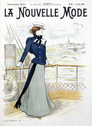 Sailing: woman on the deck of a boat - drawing by L. Metivet, in “” La Nouvelle Mode””, 1898, Arts Deco.