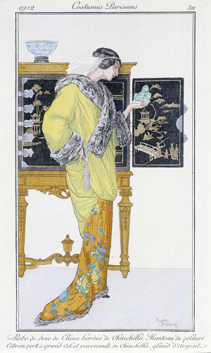 Chinese silk dress, lined with chinchilla, velvet coat - in “” Journal des dames et de la mode: Costumes Parisiens””, n¡32, 1912