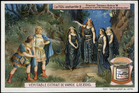 Mozart's enchanted flute: the queen of the night, Tamino and Papageno - advertising label Liebig, v.1900