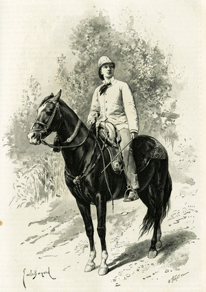 Portrait of Jane Dieulafoy (nee Magre, 1851-1916), archeologist and writer, on her horse, in travel dress, 19th century (engraving)