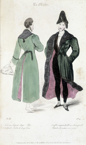 Plate illustrating men's fashion from the 1830s. The man wears a slap hat, a brown cloth suit and black locker pants.