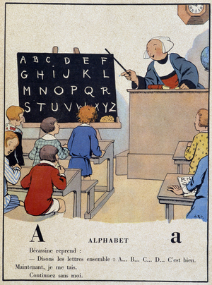 Becassine learns the alphabet to her students. Drawing by Joseph Porphyre Pinchon (1871-1953) DR