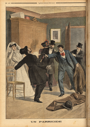 A parricide in Marseille, a son shoots a gun at his father on the day of his wedding ceremony. Engraving in "Le petit journal" 21/4/1901. Selva Collection.