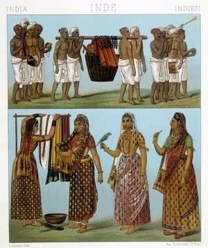 Funeral (Top of the picture) and laundry (bottom of the picture) in India. Illustration in “” Le costume historique”” by Racinet, 1876.