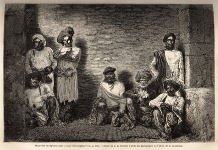 Thugs (the strangers) in the prison of Aurungabad (capital of the kingdom of Nizam), who have been imprisoned for more than 30 years, the thugs form an association of mystical murderers dedicated to the worship of Kali, goddess of death, to whom they offered as sacrifice people they strangled with a shoelace; some confess several hundred murders accomplished . Engraving to illustrate the voyage in the meridional provinces of India, by Alfred Grandidier, in 1862-1864, published in “” Le tour du monde””” 1869, edited by Edouard Charton, edition Hachette, Paris. Selva Collection.