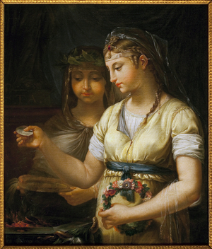 Two vestals preparing a sacrifice. Painting by Antoine Francois (Antoine-Francois) Callet (1741-1823), Oil On Canvas, 1770. French Art, 18th century. Musee des Beaux Arts de Toulouse.