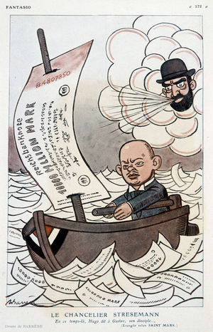 Cartoon on the German Chancellor Gustav Stresemann (1878-1929) and the Devaluation of the Mark - Illustration by Adrien Barrere (1877-1931) in “” Fantasio””” of 01/11/1923