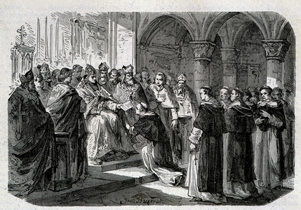 Pope Adrien II (792-872) handed over to one of his legates a bubble of excommunication against Lord Normand. Engraving - in “” History of the Popes””, sd. 19th century.