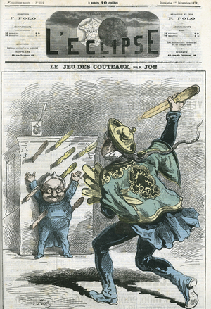 Le jeux des knives, Adolphe Thiers (1797-1877), French historian and statesman. Cover in “” L'Eclipse”” by Job, December 1, 1872, Paris.