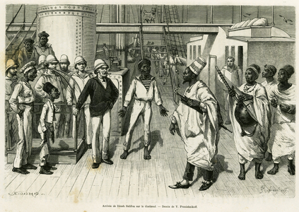 Arrival of Dinah Salifou, king of Senegal on the Goeland. Engraving by Y.Pranischnikoff to illustrate the story Voyage au pays des Bagas et du rio Nunez, by Lieutenant (N) Coffinieres de Nordeck, commander of the Goeland, 1884-1885, in the tour du monde 1886, under the direction of Edouard Charton (1807-1890), Hachette, Paris.