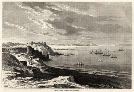 View of Tangier (Morocco), drawing by Evremond de Berard (1824-1881), to illustrate M.F.Schickler's travel notes to Morocco. Engraving in “” Le tour du monde, nouveau journal des voyages”” Paris, 1860. Selva's collection.
