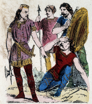 Clovis I, king of the Franks, strikes an unsubordinate soldier with his axe to show his authority.