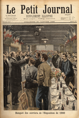 At the 1900 workers' banquet, Mr. Picart, general manager of the exhibition, delivered an address and drank with them. Engraving in "Le petit journal" 23/1/1898. Selva Collection.