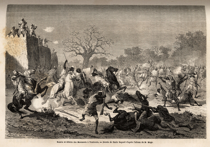 Razzia and defeat of the Massassis in Tomboula (Mali). Engraving to illustrate the voyage to Western Sudan of Lieutenant (Navy) M.Mage, in 1863-1866, published in “Le tour du monde, nouveau journal des voyages”, under the direction of Edouard Charton, 1868, Paris. Selva Collection.