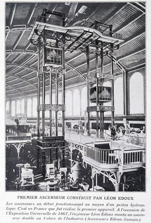 First elevator built by Léon Edoux at the 1867 universal exhibition