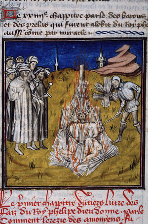 Heretic burnt by the Inquisition - miniature, Middle Ages (ref. 512, 251r) Request for permission to the Municipal Library of Toulouse (tel: 05 62 27 66 66)