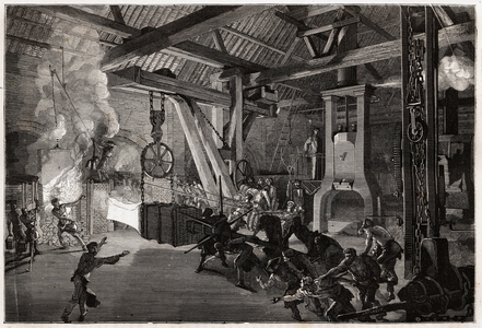 The drummer hammer (drummer) has the forge of big works; the huge piece to forge comes out of the oven dazzling men maneuver to bring it under the drumstick. Engraving to illustrate a voyage to the Creusot and the mines of Saone and Loire, in 1865, by L. Simonin, in “” Le tour du monde, nouveau journal des voyages”” published under the direction of Edouard Charton, 1867, Paris. Selva Collection.