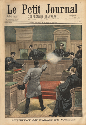 A man shoots the president of the Paris Court of Justice while reading the judgment on appeal where he was convicted. Engraving in "Le petit journal" 8/4/1900. Selva Collection.