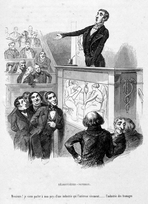 The character of Jérôme Paturot takes himself as Demosthenes, an Athenian speaker and politician whose speeches are placed at the top of Greek eloquence. Cartoon In “” Jérôme Paturot in search of a social position”” by Louis Reybaud, 1843.