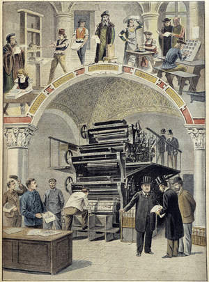 Invention of the printing press: parallel Gutenberg and rotary press (Marinoni watching the Petit Journal) - in Le petit journal of 02/06/1901