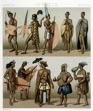 Traditional Cafrerie costume (Meridional part of Africa). Illustration in “” Le costume historique”” by Racinet, 1876.