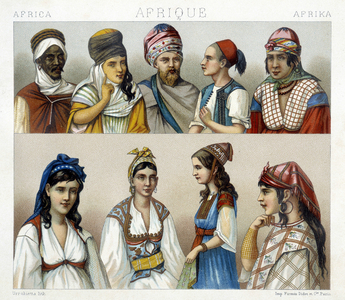 Traditional costumes and headdresses of men and women in Algeria. Illustration in “” Le costume historique”” by Racinet, 1876.