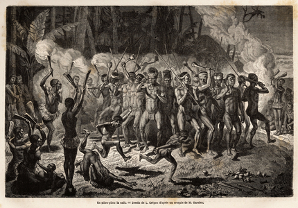 Un pilou-pilou ( ou pilou pilou ou pilou ) dans la nuit, danse traditionnelle des ceremonies tribales kanak. Gravure pour illustrer le voyage a la Nouvelle Caledonie, de Jules Garnier, ingenieur civil des mines, en 1863-1866, publie dans ""Le tour du monde, nouveau journal des voyages"", sous la direction d' Edouard Charton, 1868, Paris. Collection Selva.