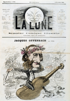 Cartoon by Jacques Offenbach (1819 - 1880), riding a violin - by Gill in “” La Lune”” from 04/11/1866