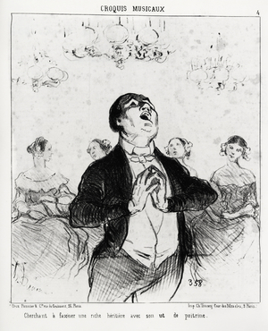 Musical sketches: looking to fascinate a rich heritiere with its chest ub. Illustration d'Honore Daumier (1808-1879), published in “Charivari”, dated 14 February 1852.