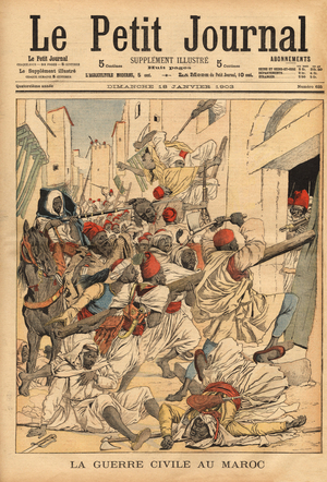 The civil war in Morocco, where the troops of Sultan Abdelaziz (1878-1943) fought the supporters of the prophete Bou Hamara, throughout the northern region of the country, from the Riff to Taza, villages were plunder and burned by rebels. Engraving in "Le petit journal" 18/1/1903. Selva Collection.