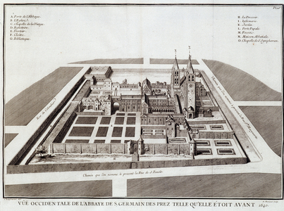 L'abbaye de Saint Germain avant 1640 - in “” Histoire de l'abbaye de St Germain des Pres”” by Dom Jacques Bouillart, ed. Dupuis, Paris, 1724