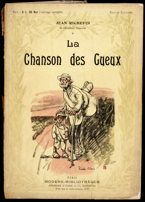 Vieil homme et petit garcon, portant des baluchons de voyage et des chaussures emmaillotees dans des chiffons, debouts sur une route, illustration de Ricardo Flores ( mort en 1918), pour la couverture du recueil de textes et de poesies intitule "" La chanson des gueux"", de Jean Richepin (1849-1926), de l'Academie francaise, editeurs Artheme Fayard et Cie, Paris, 1913. Collection Selva. 