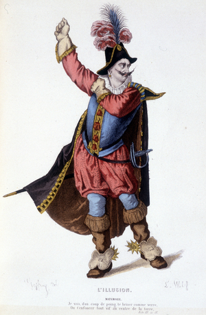 Matamore's character in the theatre play L'illusion comique - Theatre complet: (Collection of plays by Corneille) drawing by Geffroy, engraving by L. Wolff - ed. Laplace, Sanchez et Cie, Paris 1884