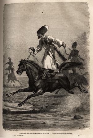 Race of Cossacks, climbs in balance standing on their saddle, riders whip their horses to make them gallop. Engraving to illustrate the voyage in the provinces of the Caucasus, by Basile Vereschaguine, in 1864-1865, published in “” Le tour du monde, nouveau journal des voyages””, edited by Edouard Charton, 1868, Paris. Selva Collection.