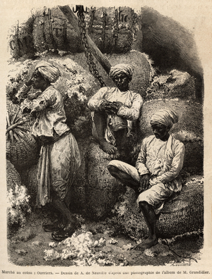 Les ouvriers Parsi au repos, au marche au coton de Bombay.Engraving à illustration le voyage dans les provinces meridionales de l'India, by Alfred Grandidier, in 1862-1864, published in “” Le tour du monde””” 1869, edited by Edouard Charton, edition Hachette, Paris. Selva Collection.