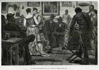 A musico at the port of Antwerp, where sailors can drink and dance to the sound of the prickly organ. Engraving by X.Mellery, to illustrate the story of Belgium, by Camille Lemonnier, published in the Tour du monde, edited by Edouard Charton (1807-1890), 1882, Paris. Selva Collection.